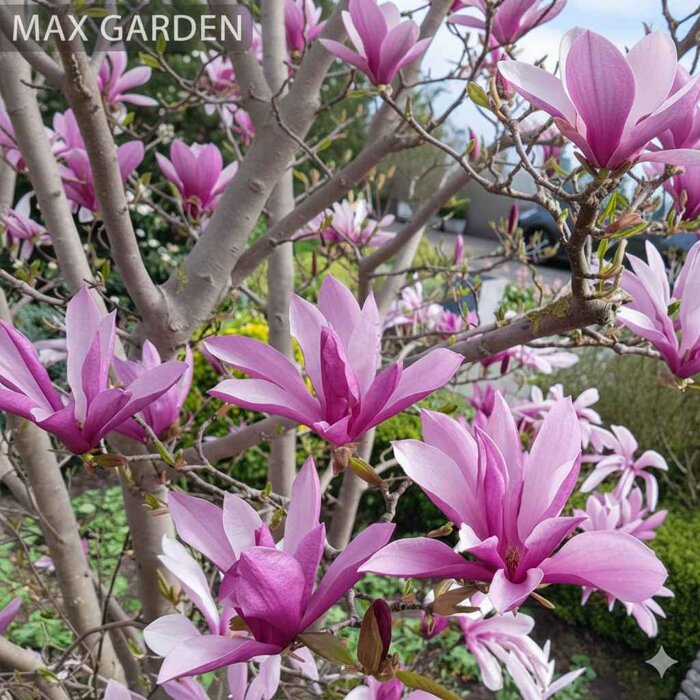 Bohato rozkvitnutý ker magnólie 'Susan' so sýtymi ružovo-purpurovými kvetmi