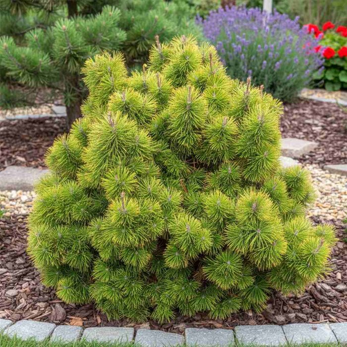 Kompaktná borovica 'Zundert' so žiarivo žltým zimným ihličím v zasneženej záhrade