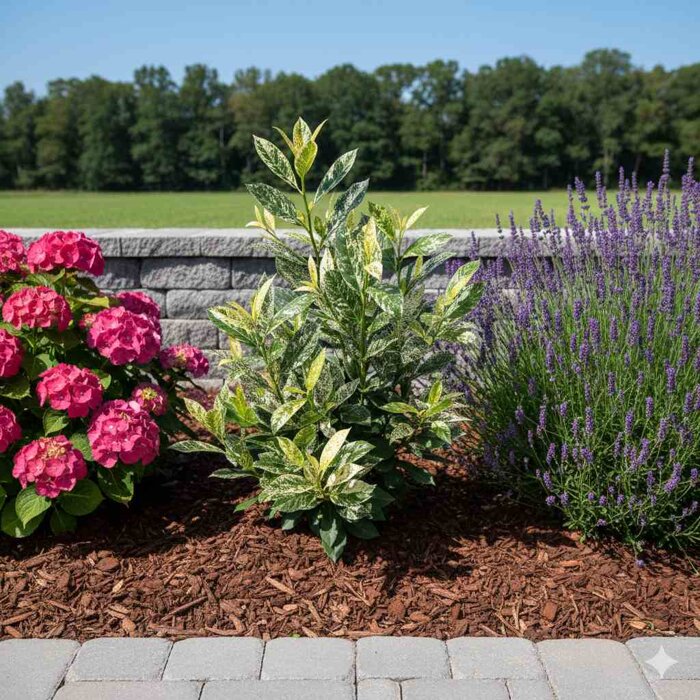 Hustý ker vavrínovca 'Ivory' s nápadne panašovanými listami.