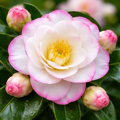 Camellia japonica Lady Campbell, červená kamélia, japonská kamélia, stálozelené okrasné kríky, kyslo
