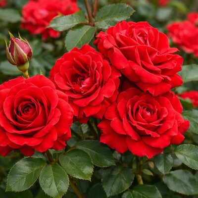 Ruža floribunda Freudentanz – Žiarivo červený tanec radosti