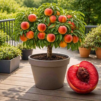 Broskyňa ´Vampira® Paradiespfirsich´ na kmienku – Červenomäsá delikatesa