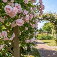 Bohato rozkvitnutá popínavá ruža 'New Dawn' pokrývajúca stenu domu.