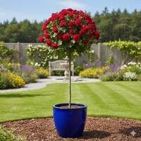 Stromčeková ruža 'Topolina' – zdravá a bohato kvitnúca červená ruža